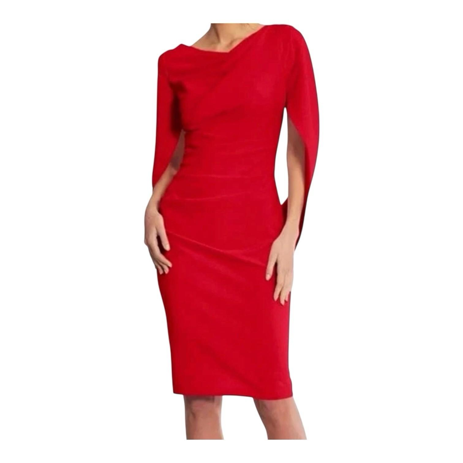 Betsy Adam Jordan Draped Cape Back Sleeves Dress Size 8 Red Sheath Dress New