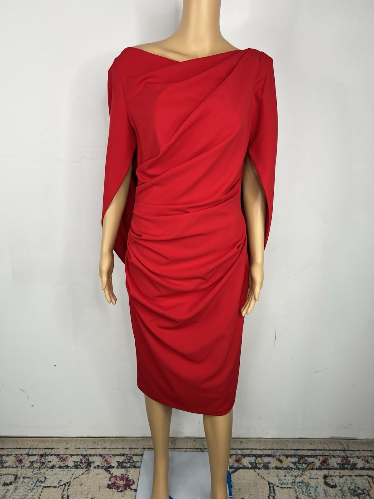 Betsy Adam Jordan Draped Cape Back Sleeves Dress Size 8 Red Sheath Dress New