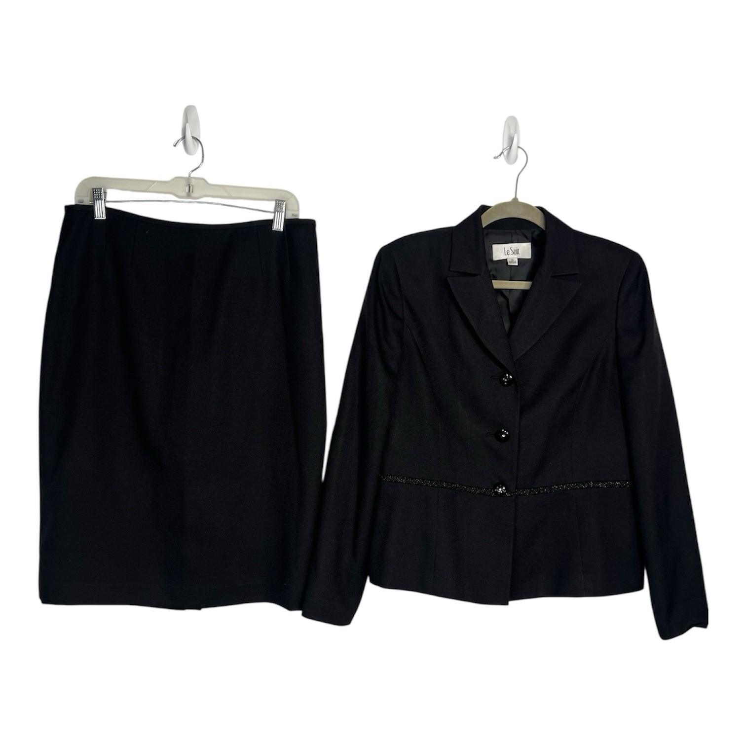 Le Suit Women Polyester Skirt Suit Size 10 Black Notch Collar Cocktail  2PC
