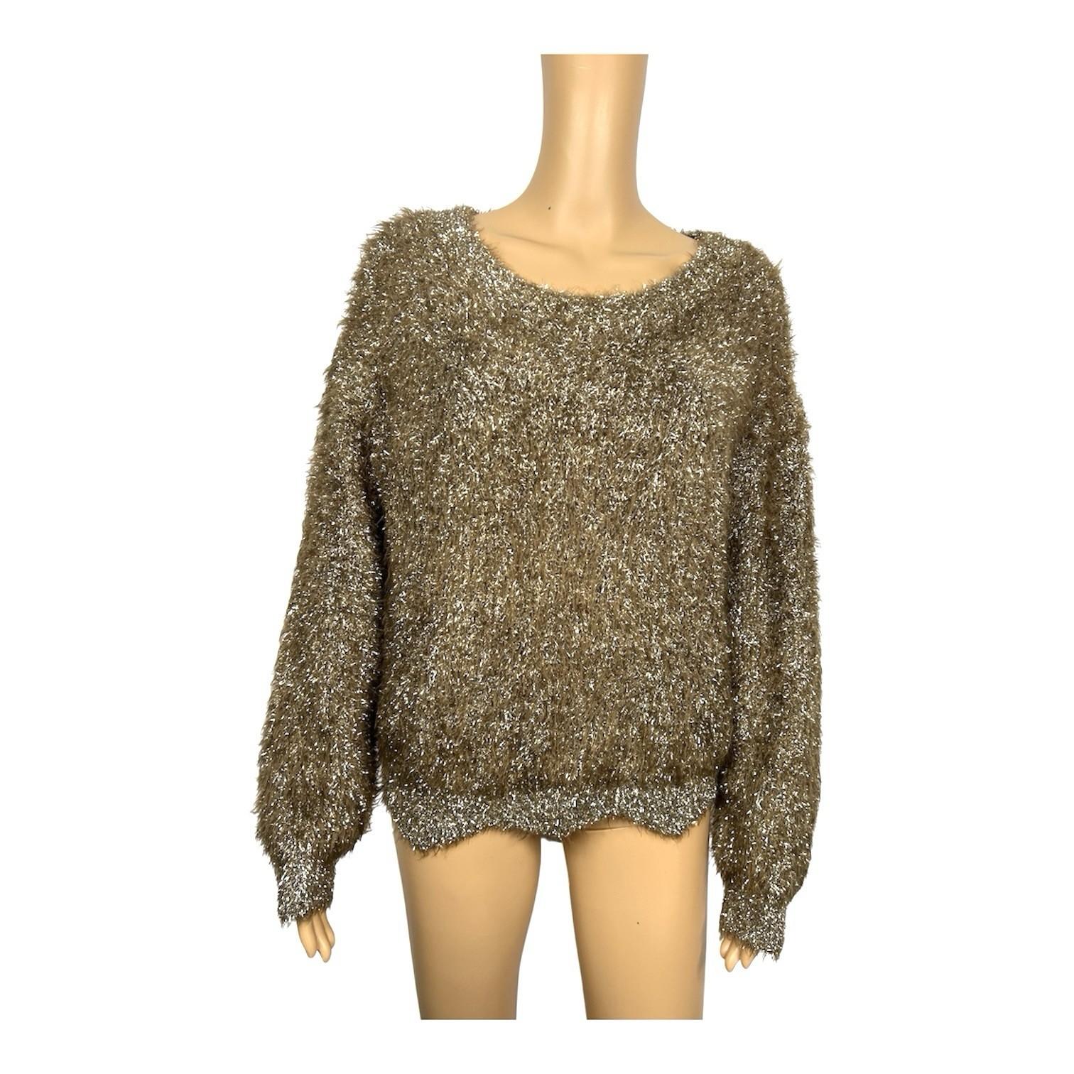 Lucy Paris Lola Women Gold Soft Fuzzy Eyelash Sweater Size XL Metallic Cozy