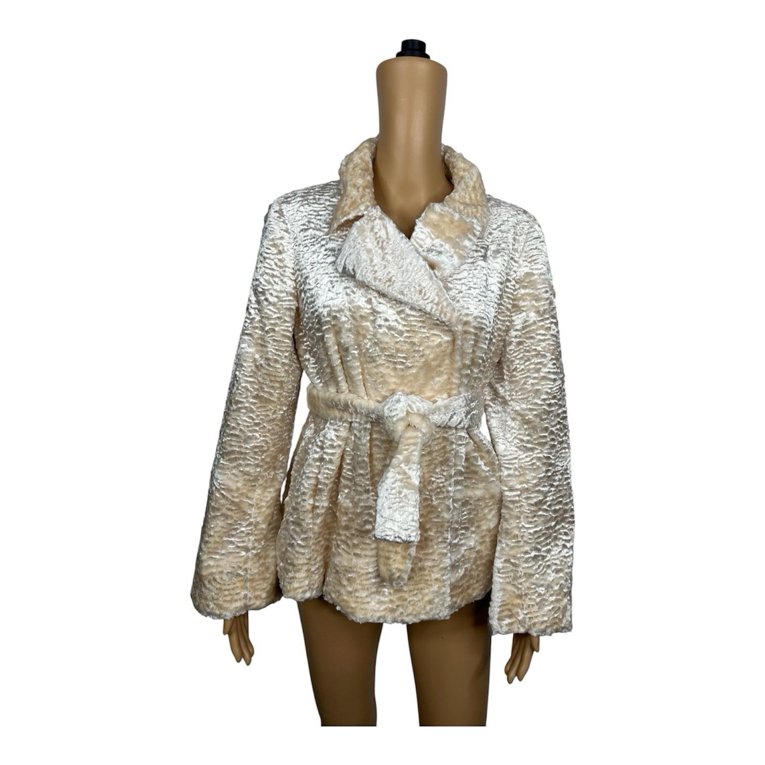 INC Int Concepts Women Faux Fur Texture Coat Size M Double Breasted Belted Cute