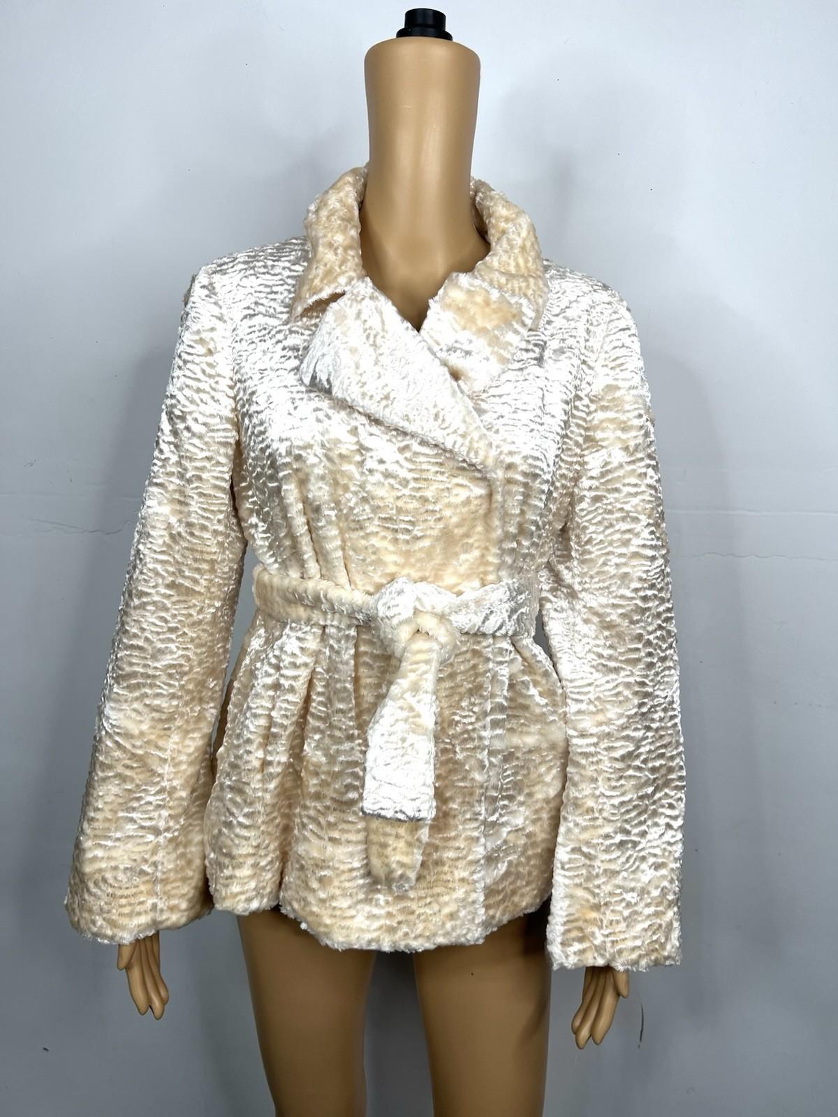 INC Int Concepts Women Faux Fur Texture Coat Size M Double Breasted Belted Cute