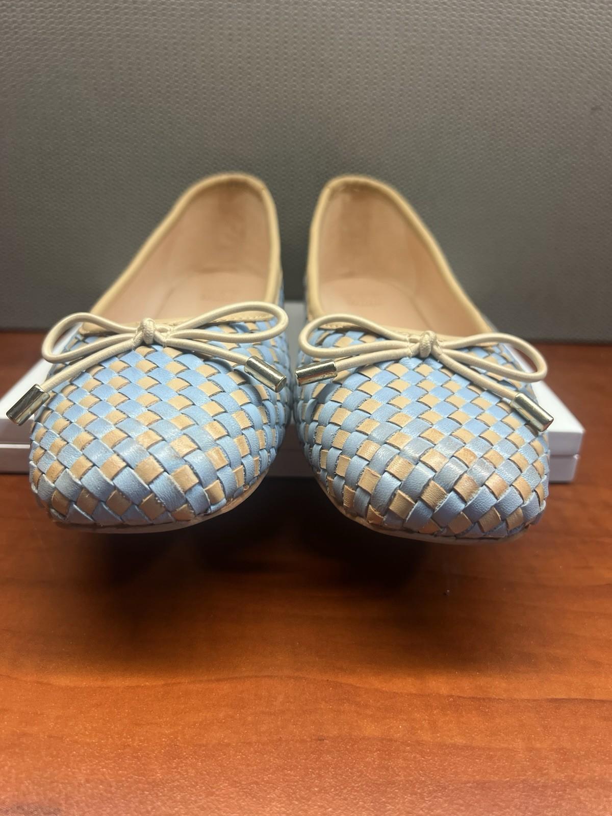 10-39.jpg Dune London Leather Ballet Flats Shoes Size 40/US 10 Blue Tan Woven Bow Soft New