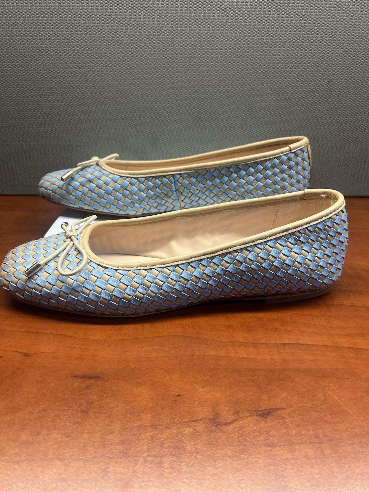 10-41.jpg Dune London Leather Ballet Flats Shoes Size 40/US 10 Blue Tan Woven Bow Soft New