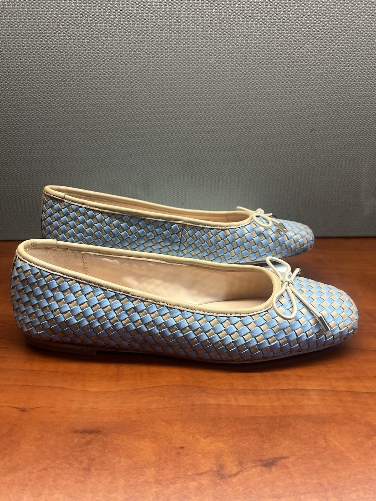 10-42.jpg Dune London Leather Ballet Flats Shoes Size 40/US 10 Blue Tan Woven Bow Soft New