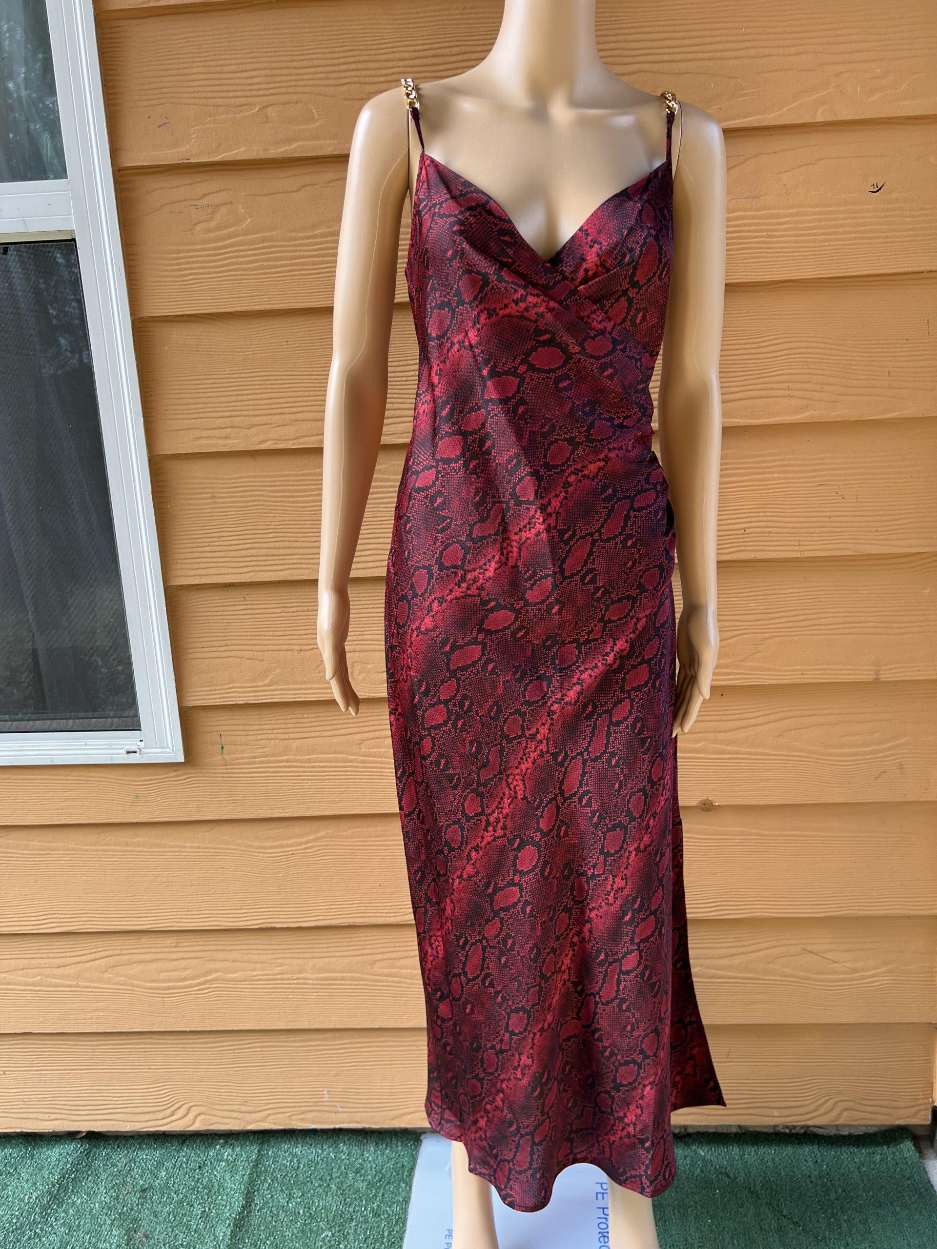 Michael Kors Silk Like Dress Size M Red Snakeskin Print Chain Slip Dress