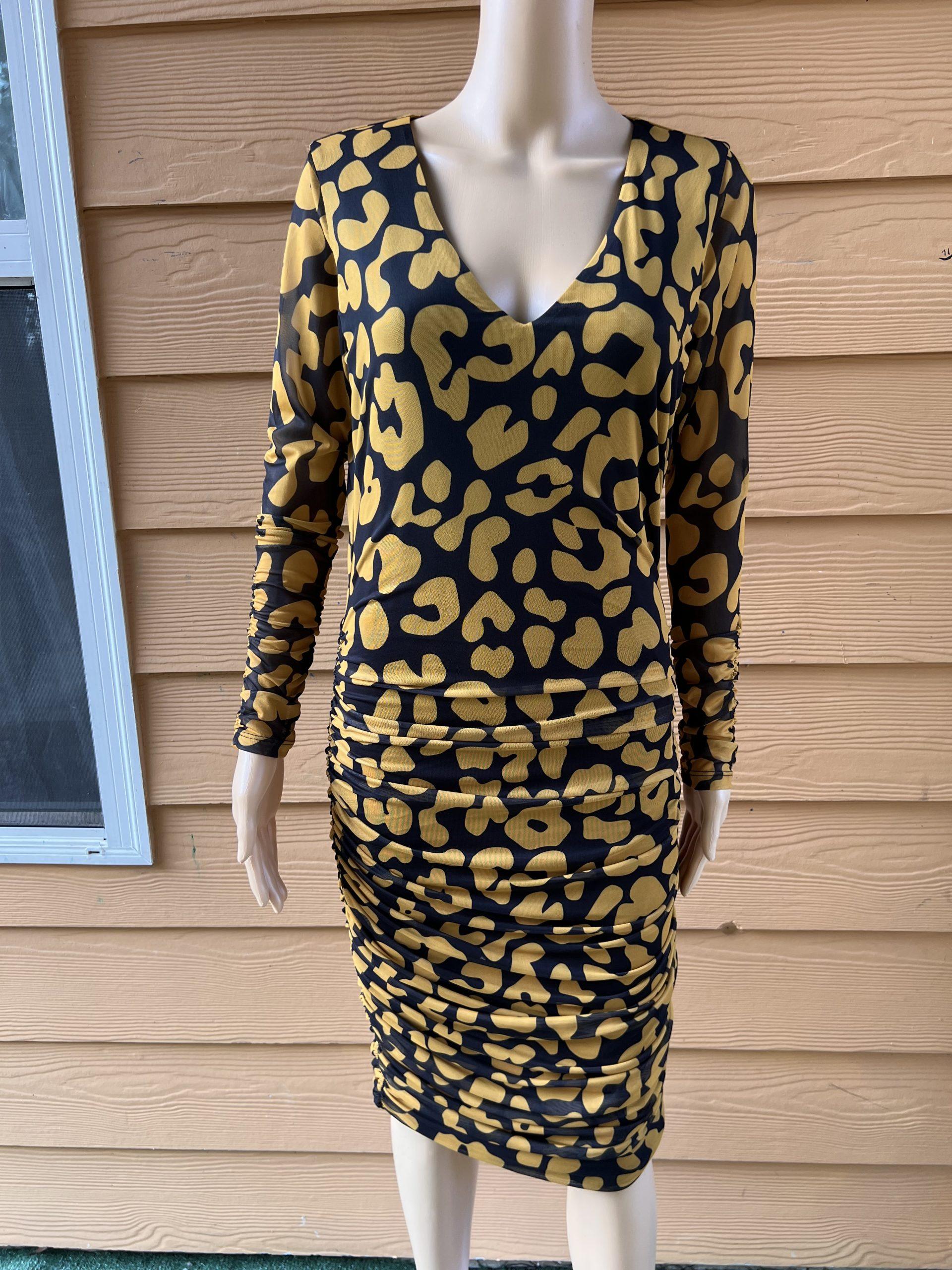 11 Honore Iris Ruch Mesh Long Sleeve Bodycon Dress Size 0 Animal Print Yellow