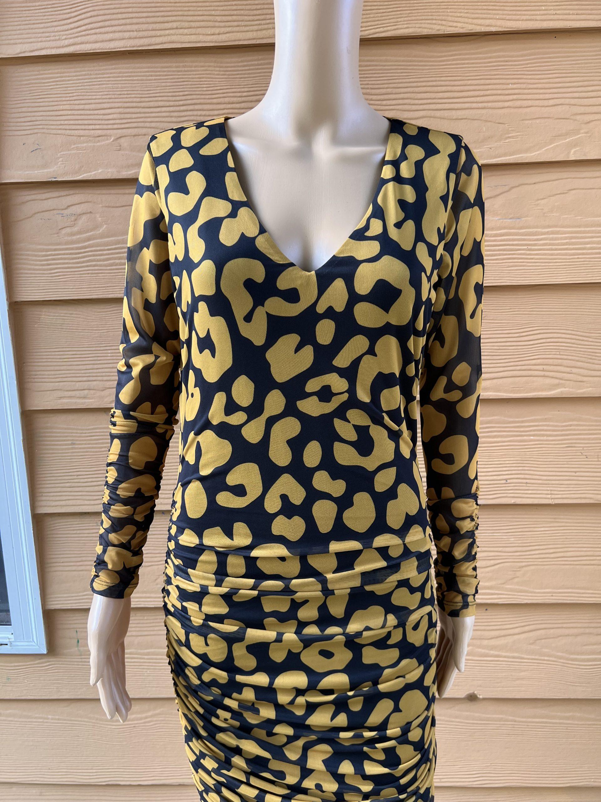 11 Honore Iris Ruch Mesh Long Sleeve Bodycon Dress Size 0 Animal Print Yellow