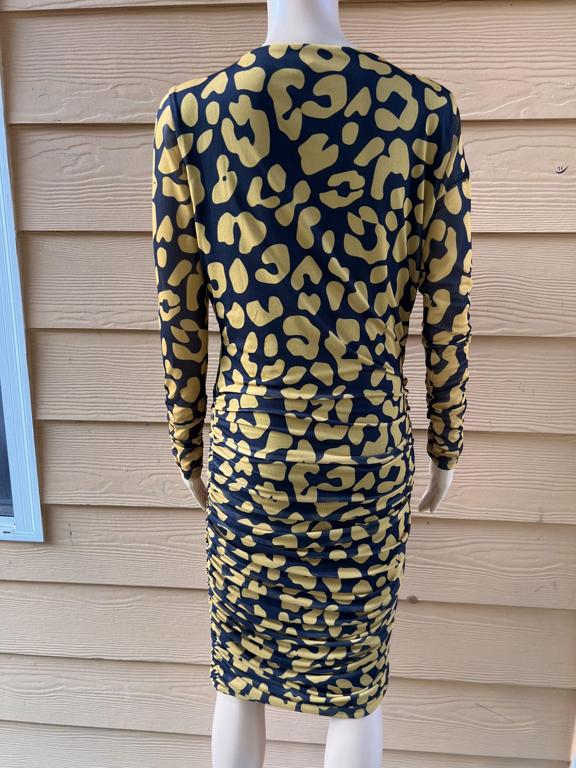 11 Honore Iris Ruch Mesh Long Sleeve Bodycon Dress Size 0 Animal Print Yellow