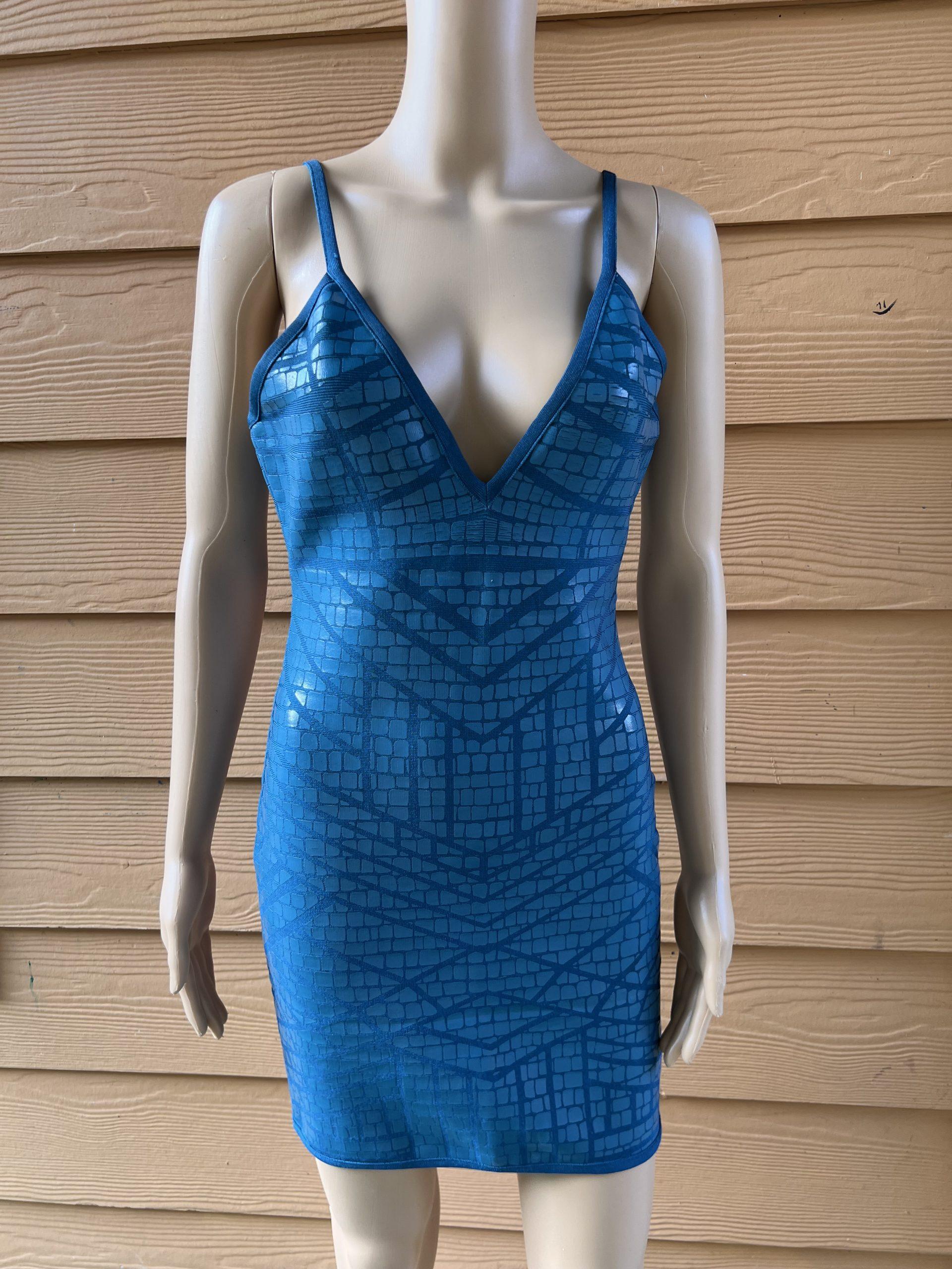 Sentimental NY Bodycon Bandage Dress L Turquoise Spaghetti Straps Deep V Neck