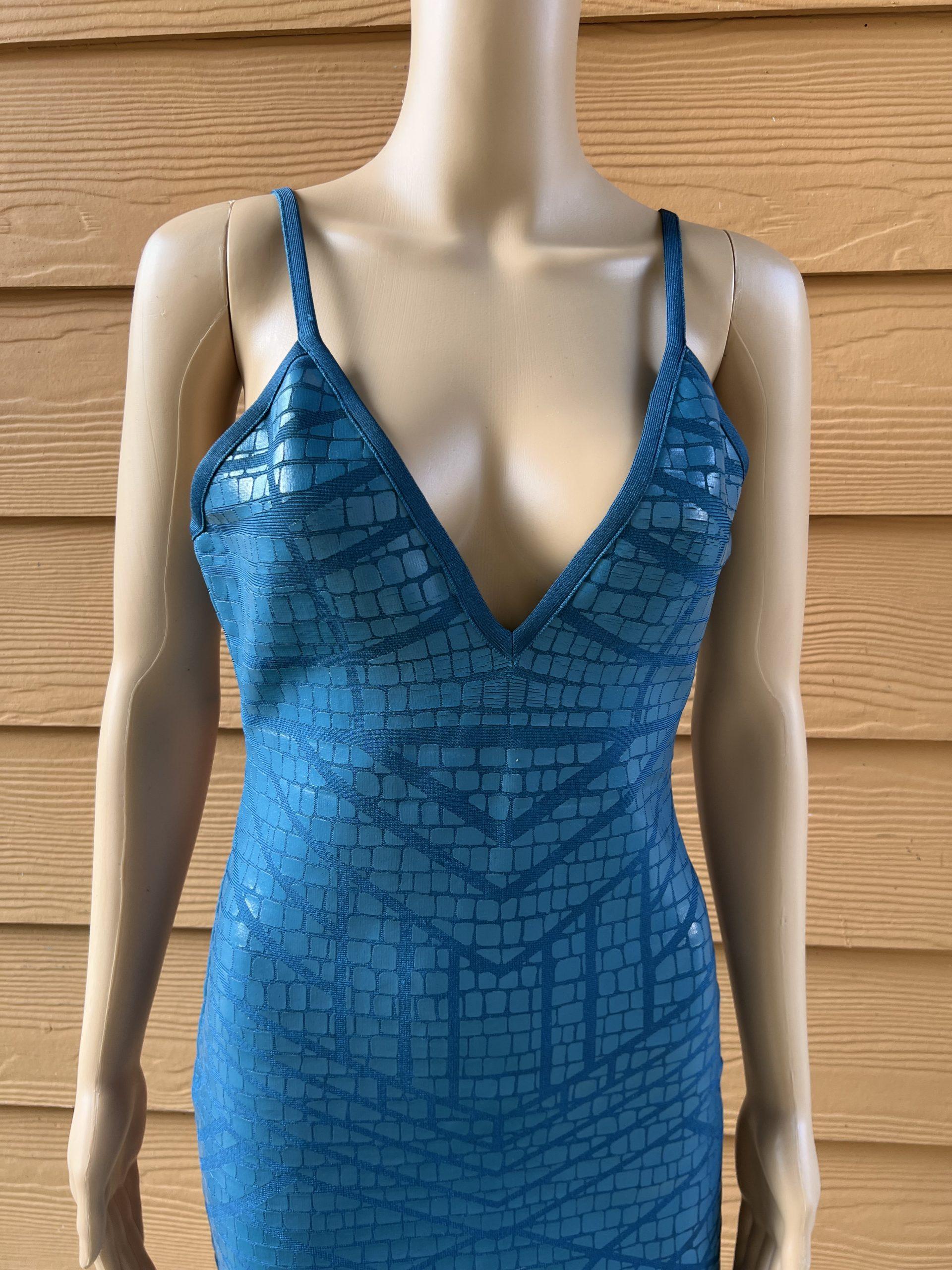 Sentimental NY Bodycon Bandage Dress L Turquoise Spaghetti Straps Deep V Neck