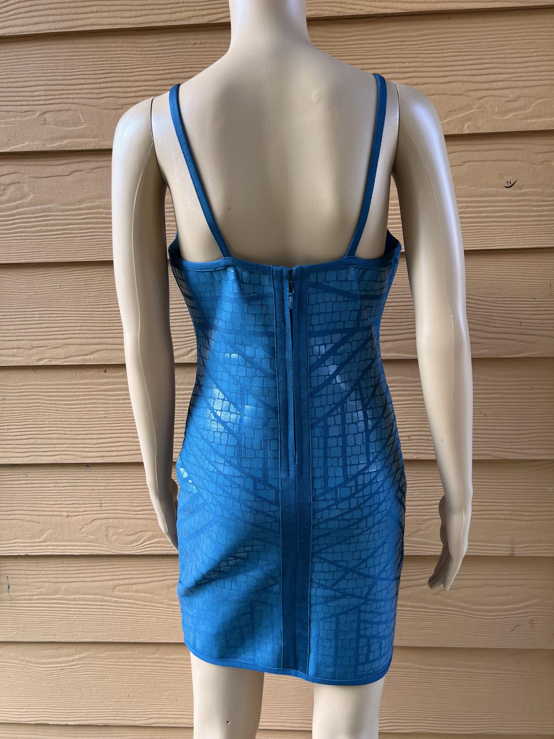 Sentimental NY Bodycon Bandage Dress L Turquoise Spaghetti Straps Deep V Neck
