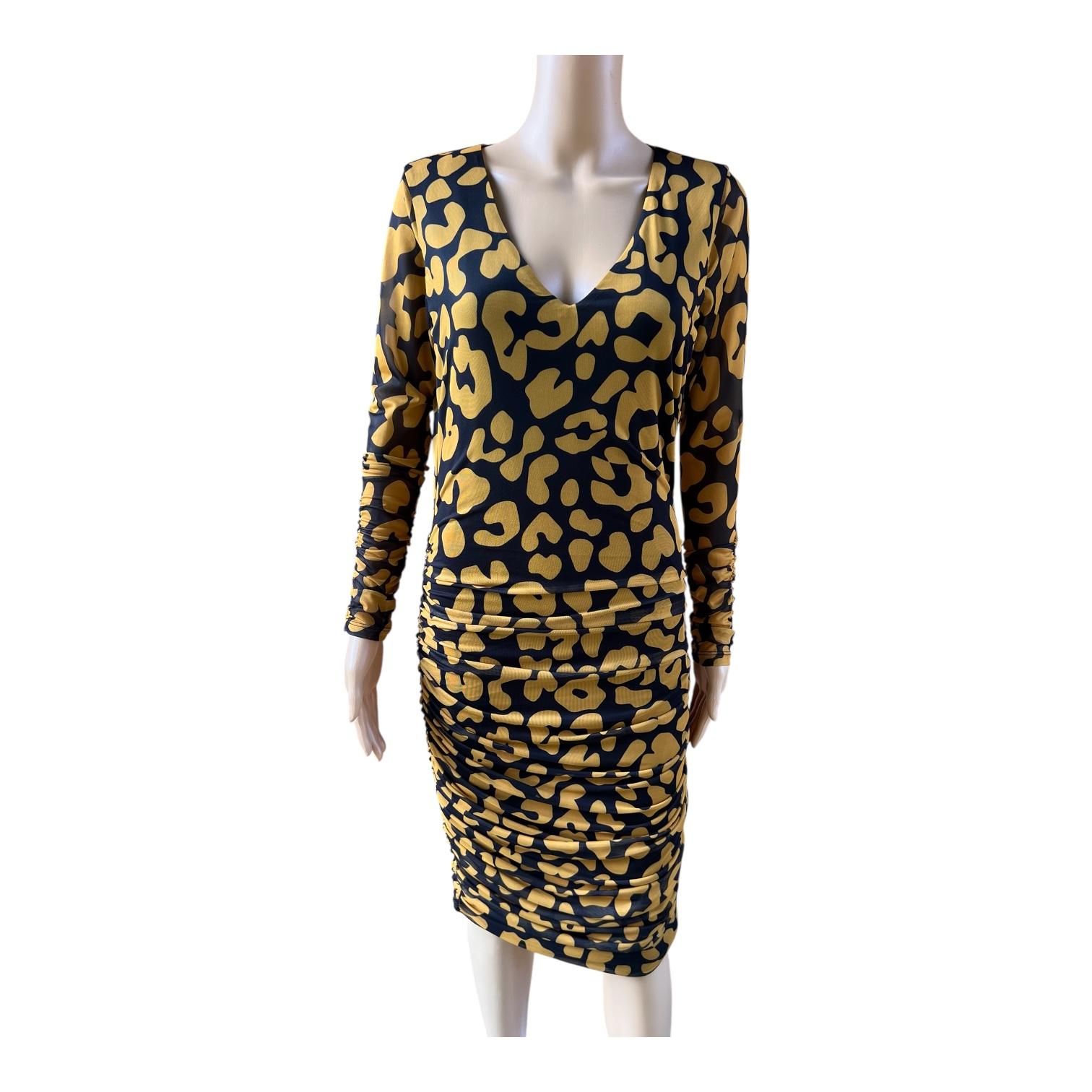11 Honore Iris Ruch Mesh Long Sleeve Bodycon Dress Size 0 Animal Print Yellow