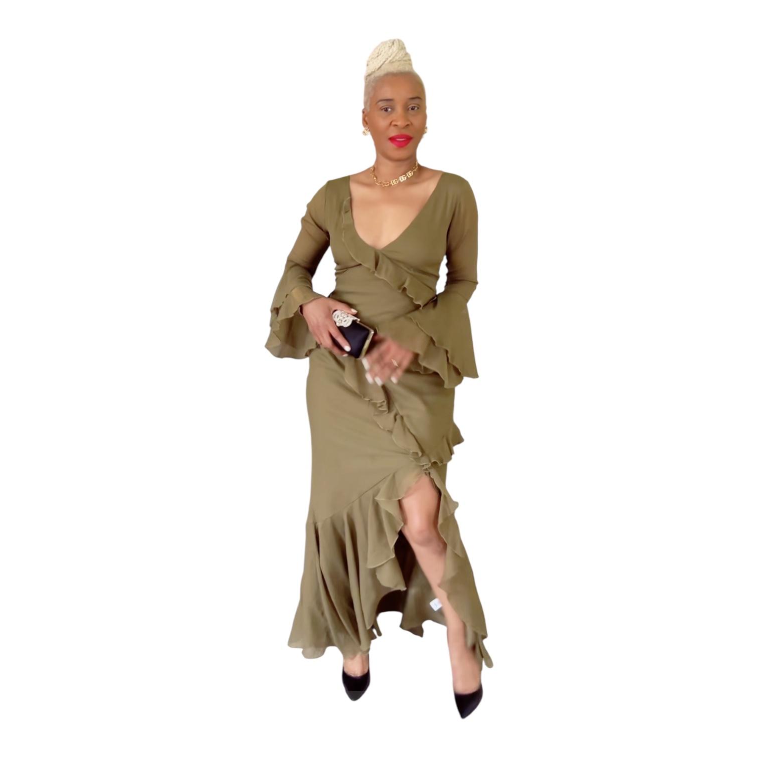 Asos design Maxi Dress Size 8 Khaki Green V-Neck Long Sleeve Ruffle Cut Out Back
