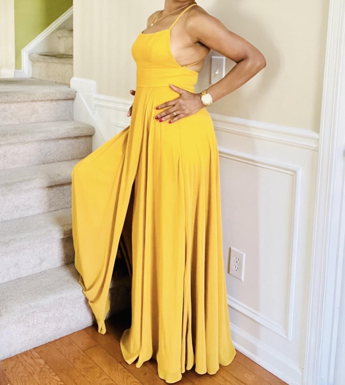 Lulus Yellow Mustard Backless Maxi Gown Dress Size M