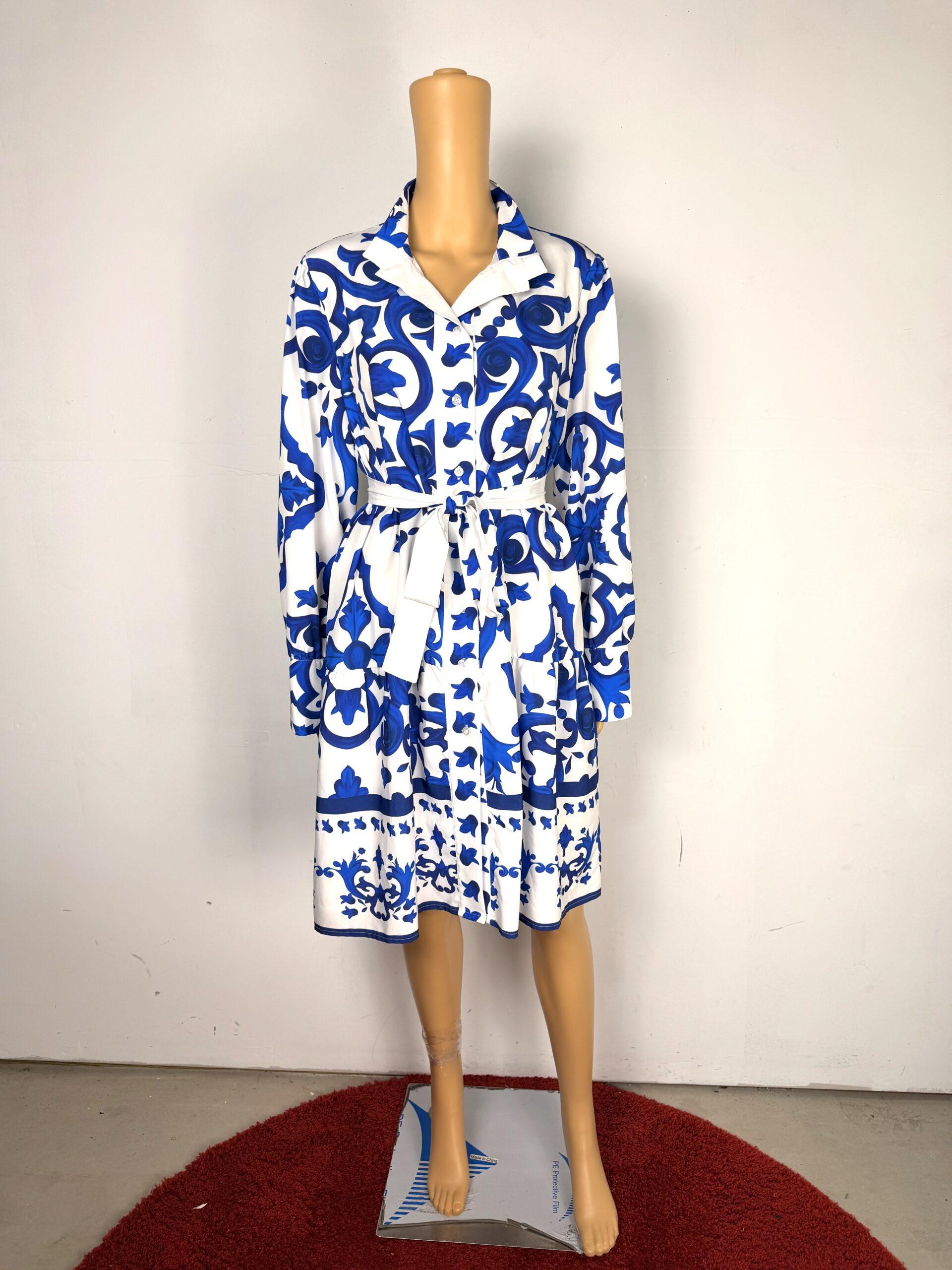 Shein White Blue Floral Shirt Dress Ruffle Belted Size L