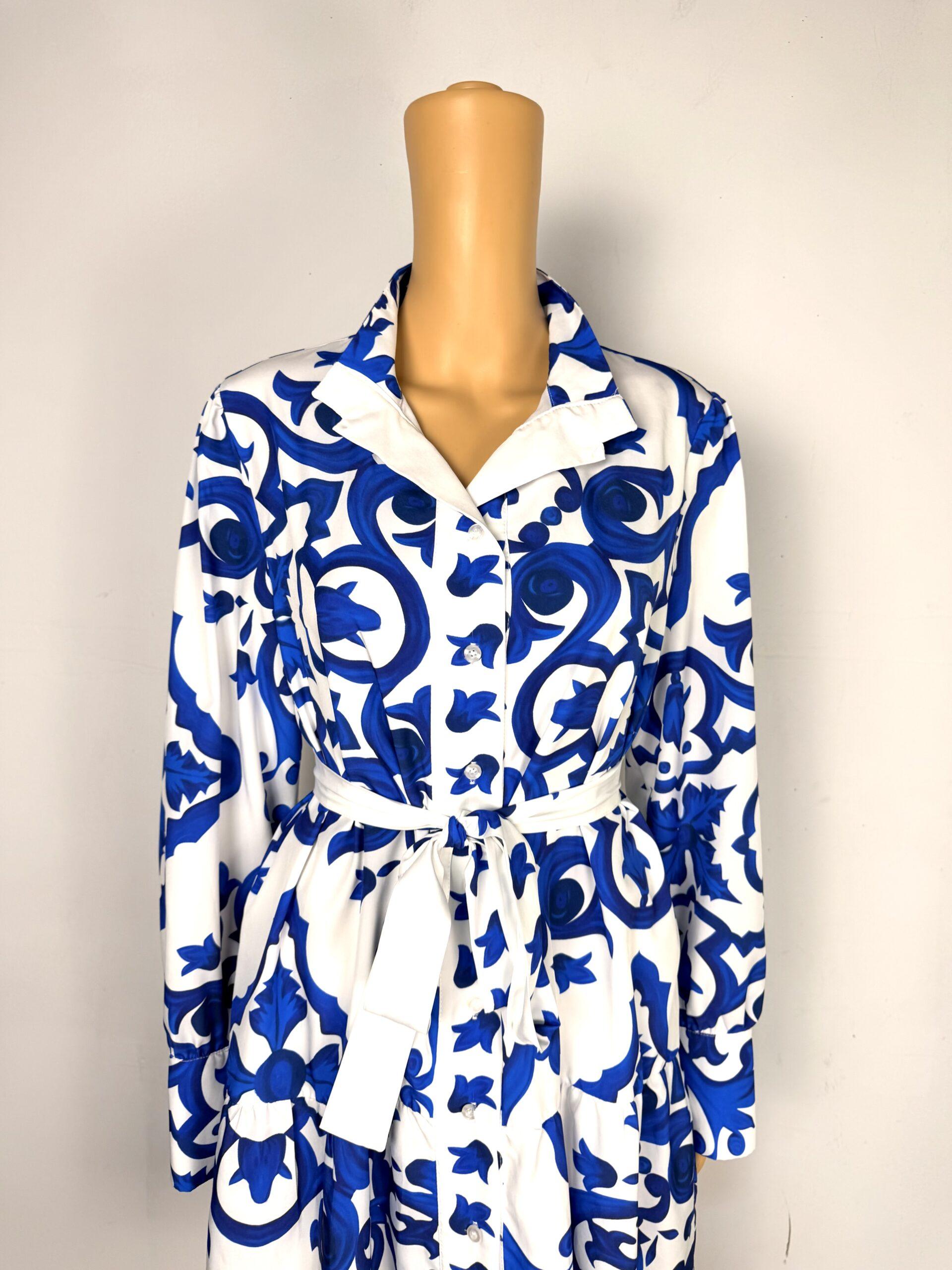 Shein White Blue Floral Shirt Dress Ruffle Belted Size L