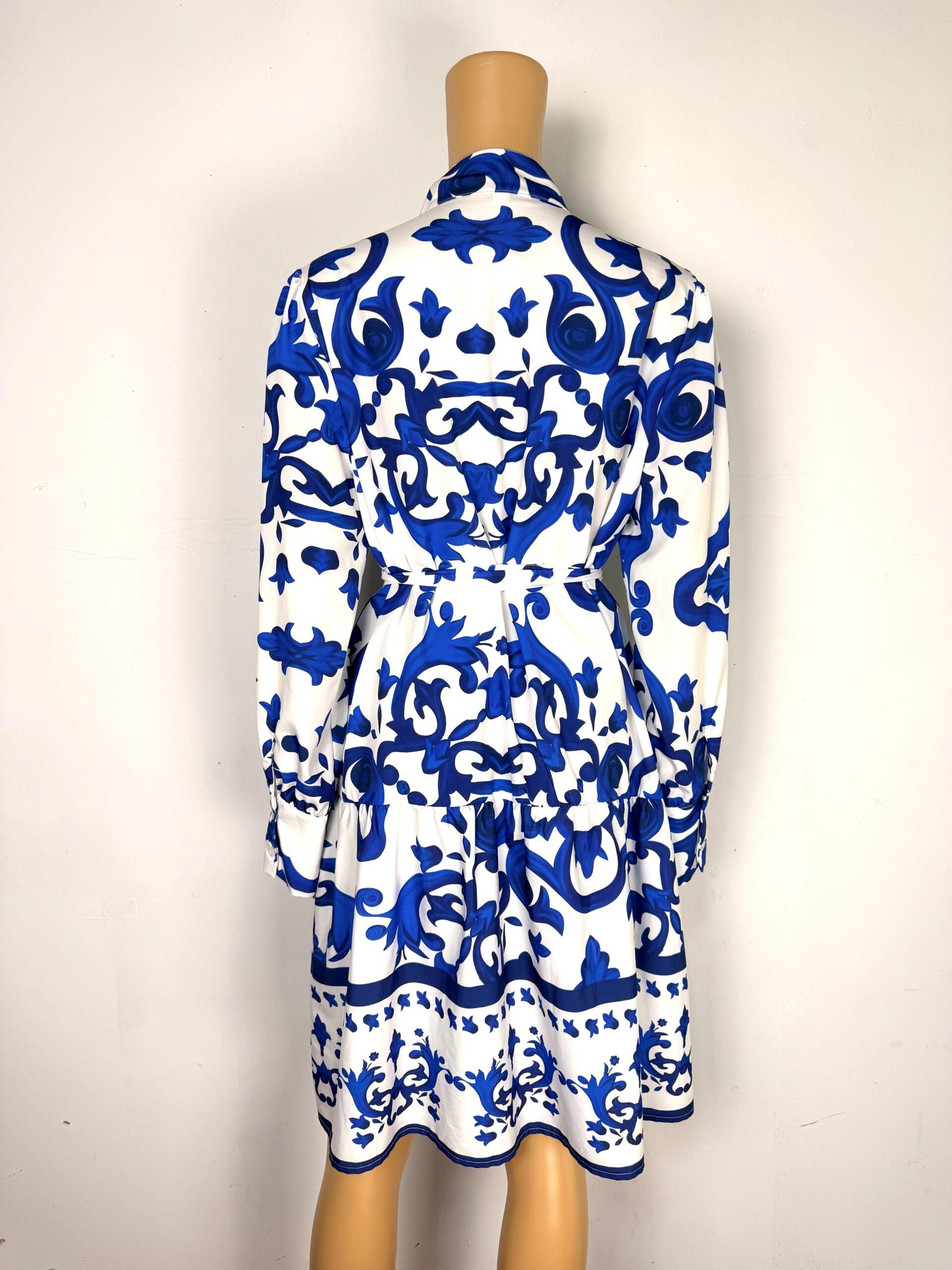 Shein White Blue Floral Shirt Dress Ruffle Belted Size L
