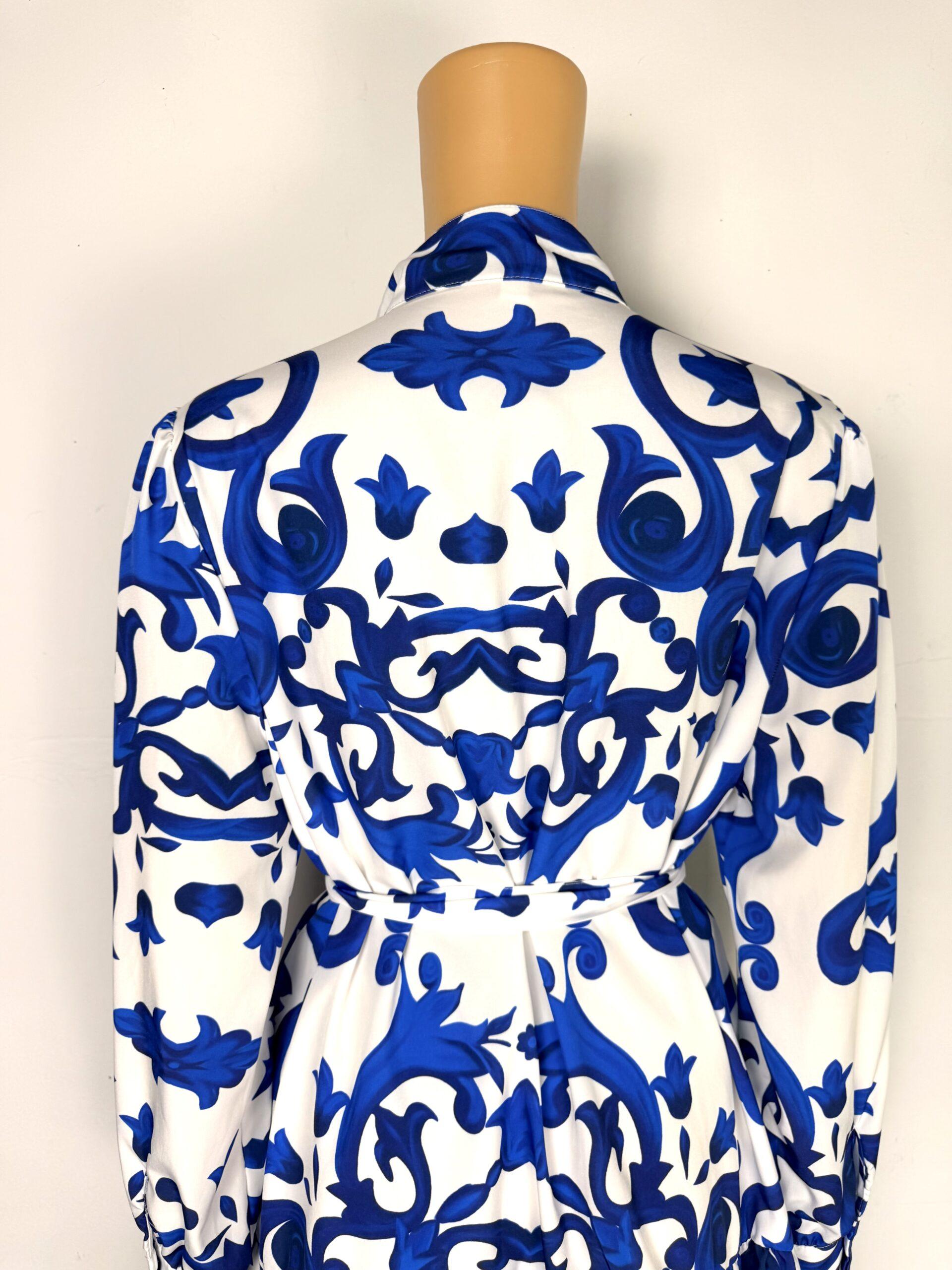 Shein White Blue Floral Shirt Dress Ruffle Belted Size L