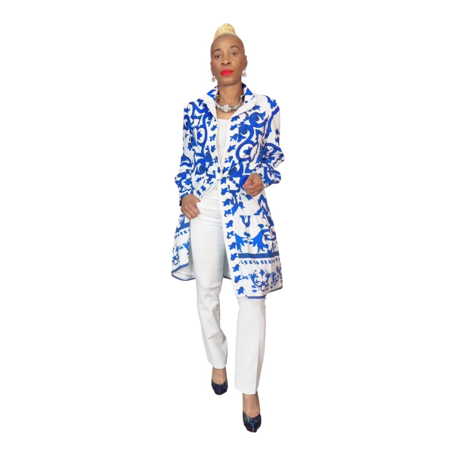 Shein White Blue Floral Shirt Dress Ruffle Belted Size L